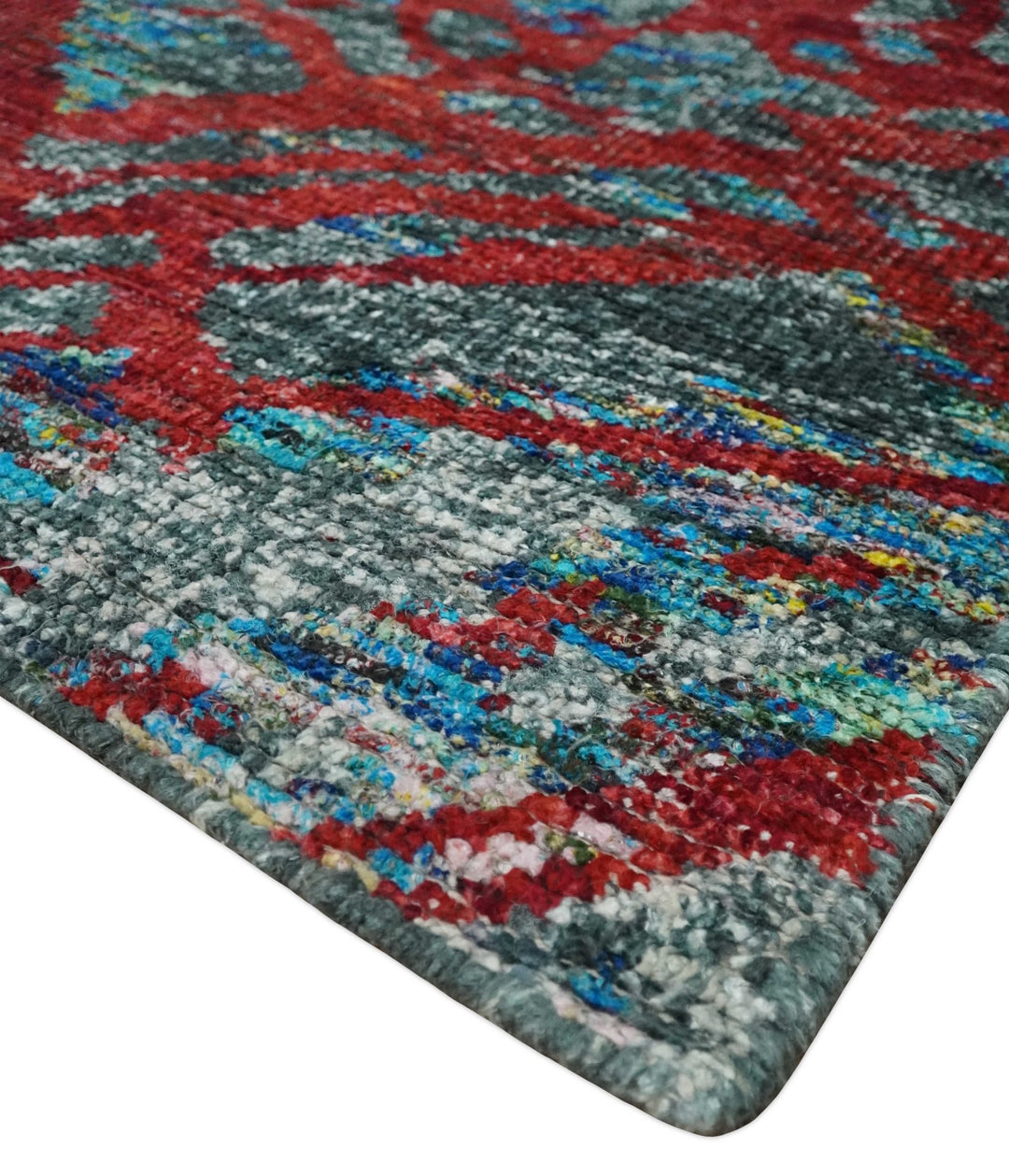 5x8 Hand Knotted Red, Gray and Blue Modern Abstract Contemporary Recycled Silk Area Rug | OP128 - The Rug Decor