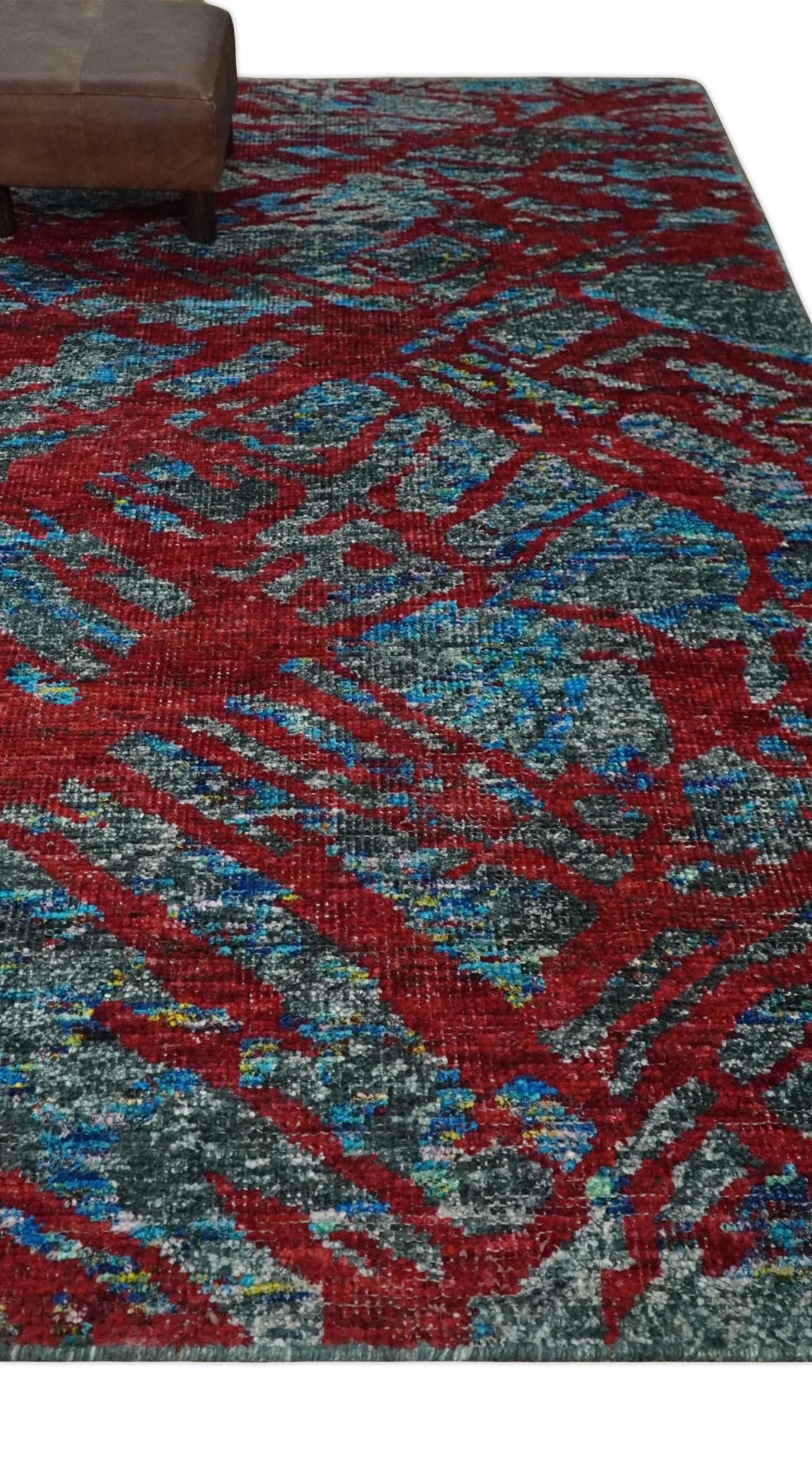 5x8 Hand Knotted Red, Gray and Blue Modern Abstract Contemporary Recycled Silk Area Rug | OP128 - The Rug Decor