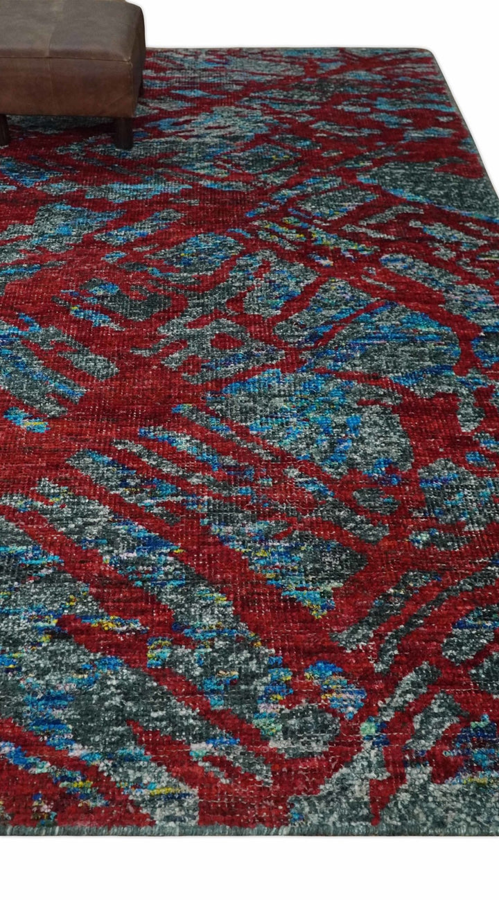 5x8 Hand Knotted Red, Gray and Blue Modern Abstract Contemporary Recycled Silk Area Rug | OP128 - The Rug Decor