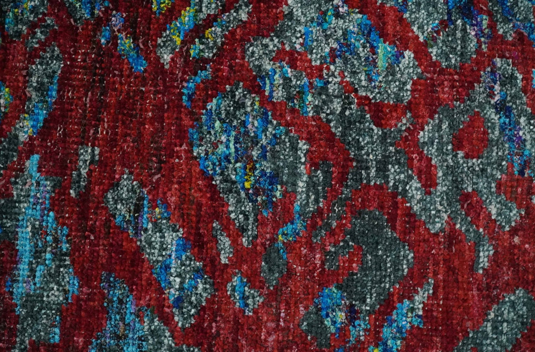 5x8 Hand Knotted Red, Gray and Blue Modern Abstract Contemporary Recycled Silk Area Rug | OP128 - The Rug Decor