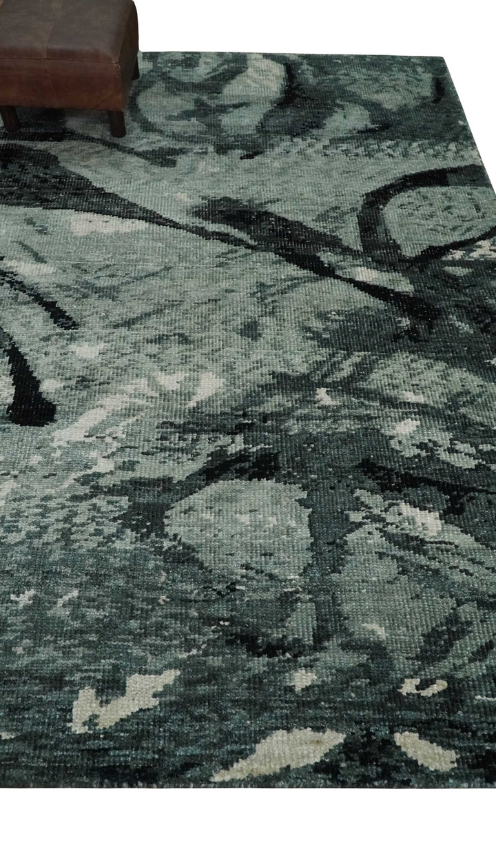 5x8 Hand Knotted Teal, Black and Ivory Antique Persian Style Contemporary Bamboo Silk Area Rug | OP75 - The Rug Decor