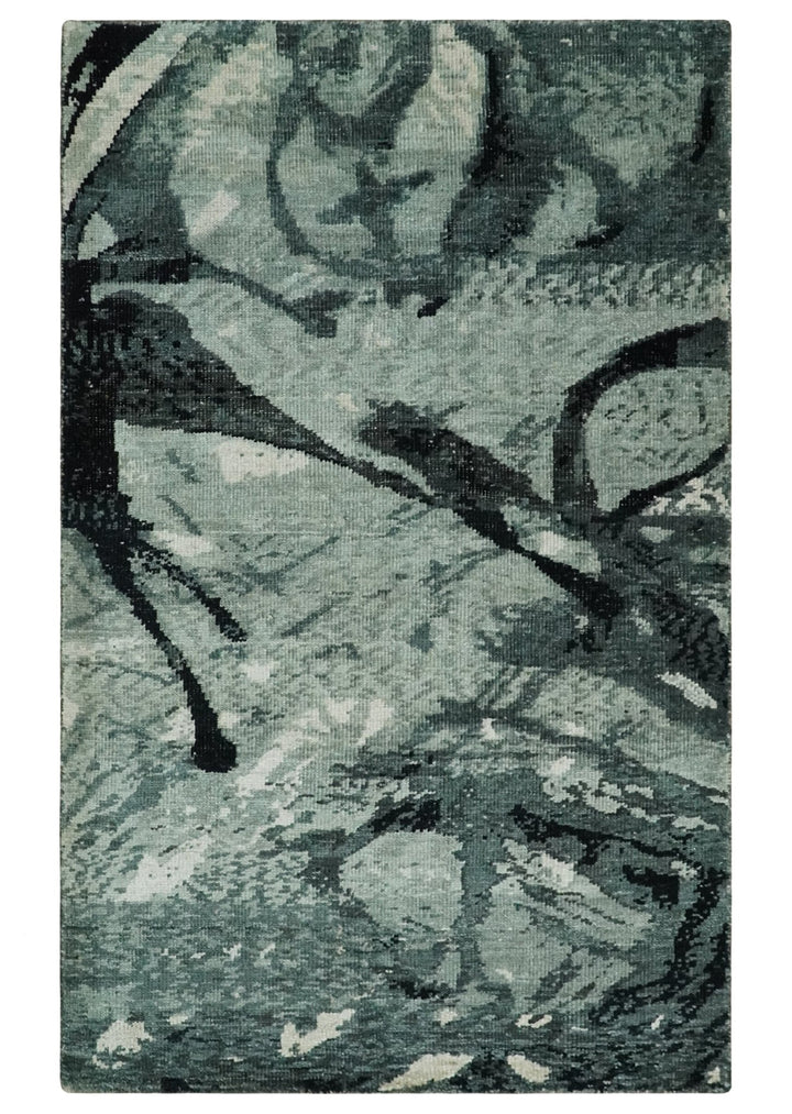 5x8 Hand Knotted Teal, Black and Ivory Antique Persian Style Contemporary Bamboo Silk Area Rug | OP75 - The Rug Decor