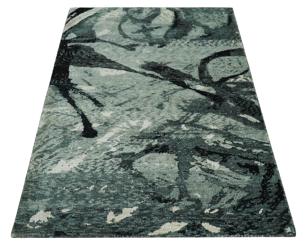 5x8 Hand Knotted Teal, Black and Ivory Antique Persian Style Contemporary Bamboo Silk Area Rug | OP75 - The Rug Decor