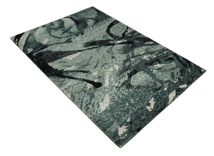 5x8 Hand Knotted Teal, Black and Ivory Antique Persian Style Contemporary Bamboo Silk Area Rug | OP75 - The Rug Decor