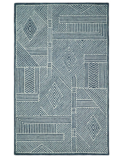 5x8 Hand Tufted Blue and White Modern Geometric Diamond Wool Area Rug | TRDMA76 - The Rug Decor