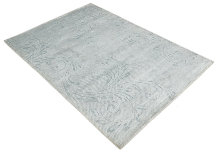 5x8 Hand Woven and hand carved Carved Silver and Gray Floral Art Silk Rug | KNT9 - The Rug Decor