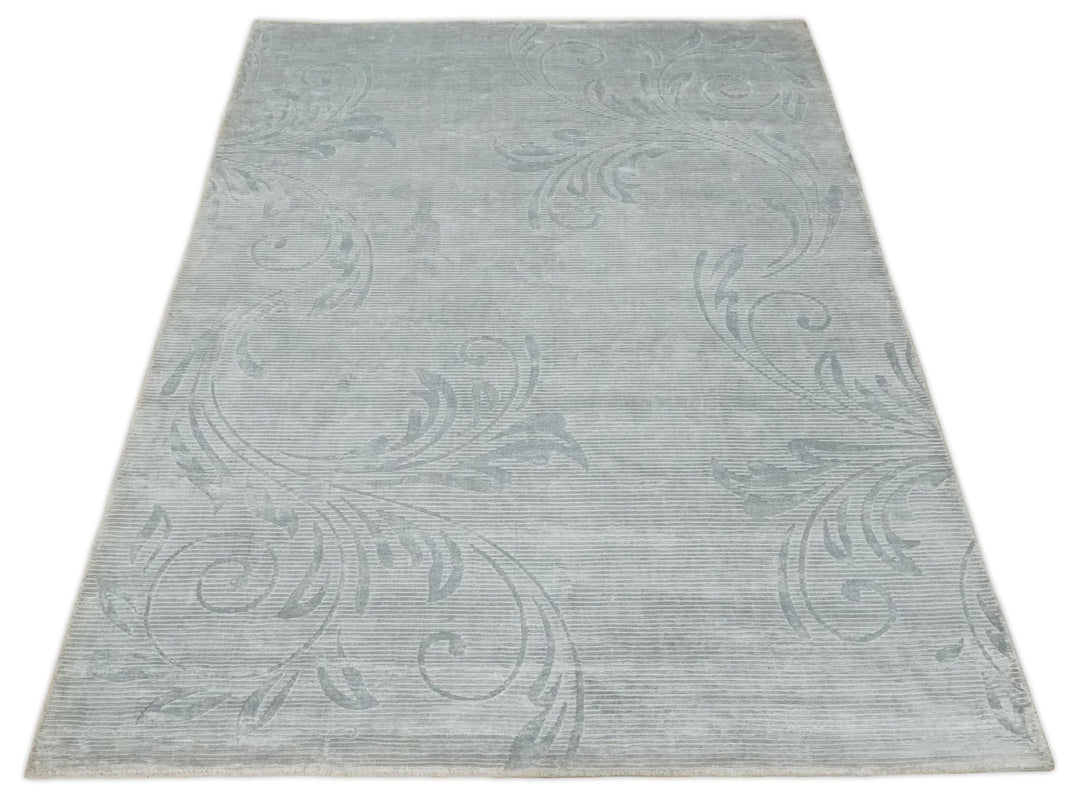 5x8 Hand Woven and hand carved Carved Silver and Gray Floral Art Silk Rug | KNT9 - The Rug Decor