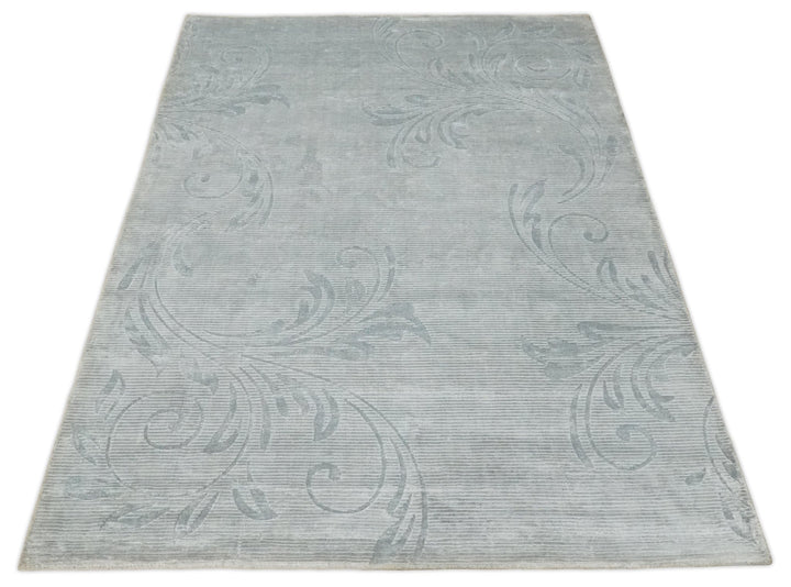 5x8 Hand Woven and hand carved Carved Silver and Gray Floral Art Silk Rug | KNT9 - The Rug Decor