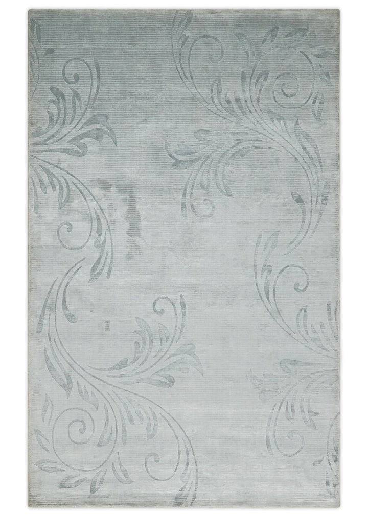 5x8 Hand Woven and hand carved Carved Silver and Gray Floral Art Silk Rug | KNT9 - The Rug Decor