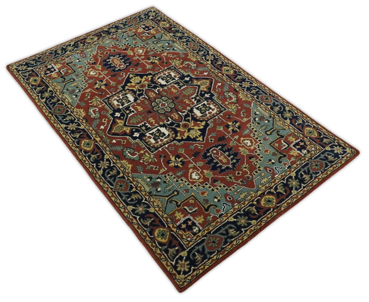5x8 Handmade Rust and Blue made with fine wool Area Rug | TRDCP11858 - The Rug Decor