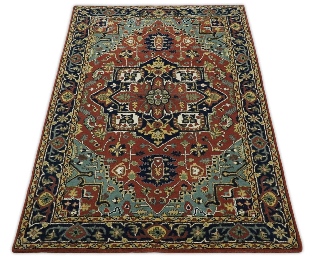 5x8 Handmade Rust and Blue made with fine wool Area Rug | TRDCP11858 - The Rug Decor