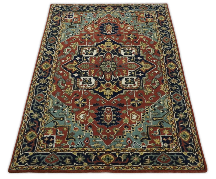 5x8 Handmade Rust and Blue made with fine wool Area Rug | TRDCP11858 - The Rug Decor