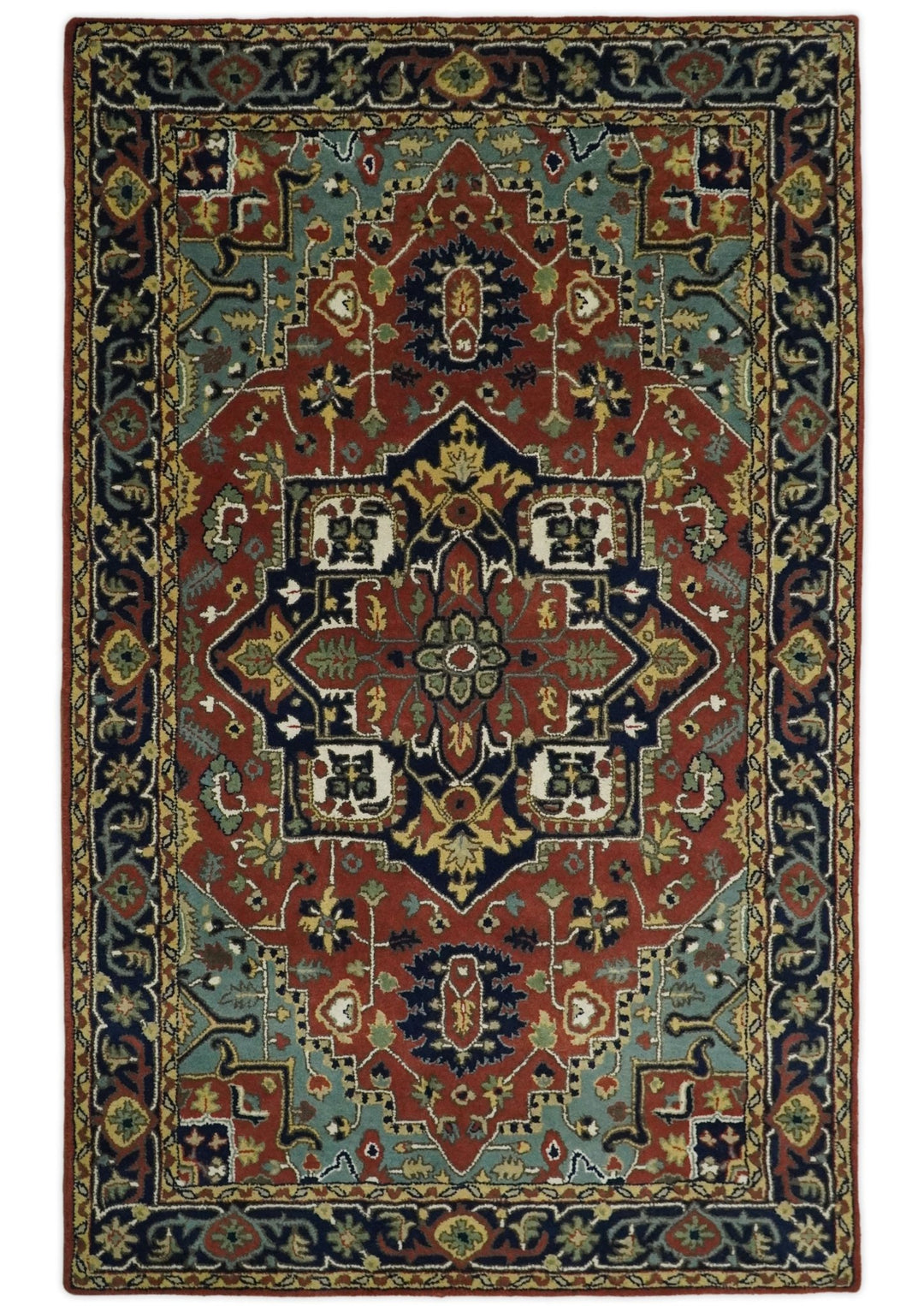 5x8 Handmade Rust and Blue made with fine wool Area Rug | TRDCP11858 - The Rug Decor