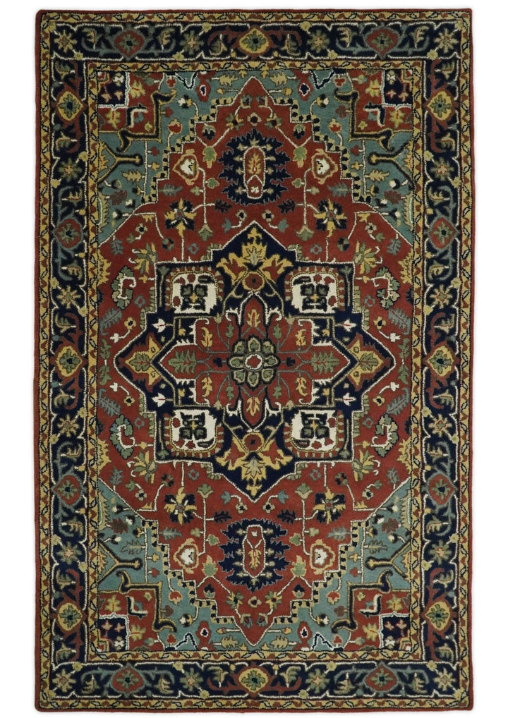 5x8 Handmade Rust and Blue made with fine wool Area Rug | TRDCP11858 - The Rug Decor