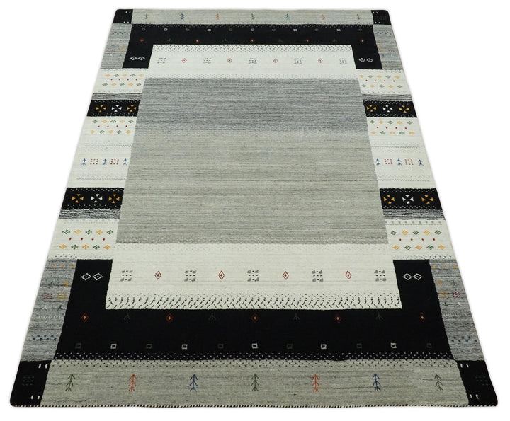 5x8 Ivory, Gray and Black Striped Wool Hand Woven Southwestern Gabbeh Rug| KNT18 - The Rug Decor