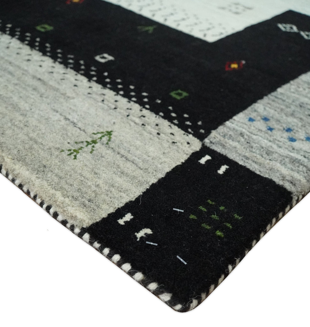 5x8 Ivory, Gray and Black Striped Wool Hand Woven Southwestern Gabbeh Rug| KNT18 - The Rug Decor