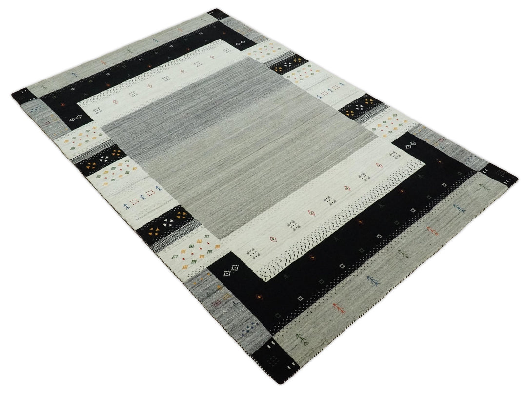 5x8 Ivory, Gray and Black Striped Wool Hand Woven Southwestern Gabbeh Rug| KNT18 - The Rug Decor