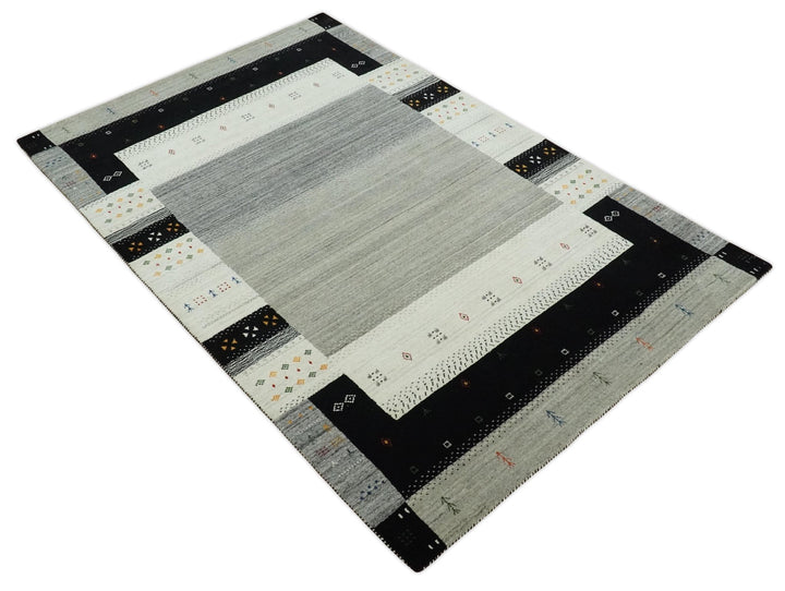 5x8 Ivory, Gray and Black Striped Wool Hand Woven Southwestern Gabbeh Rug| KNT18 - The Rug Decor