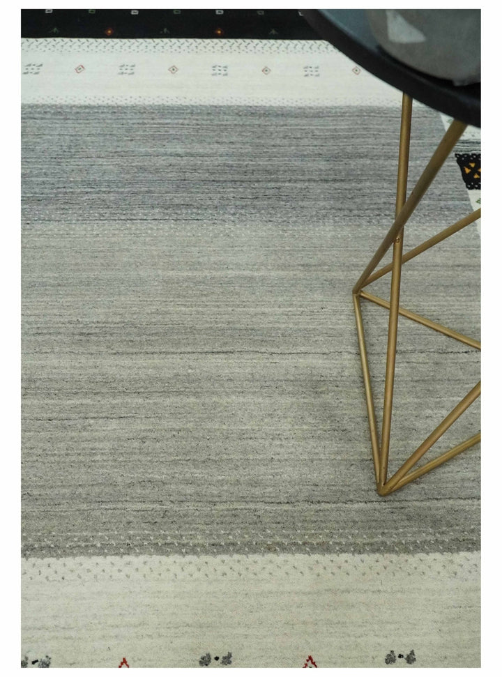 5x8 Ivory, Gray and Black Striped Wool Hand Woven Southwestern Gabbeh Rug| KNT18 - The Rug Decor