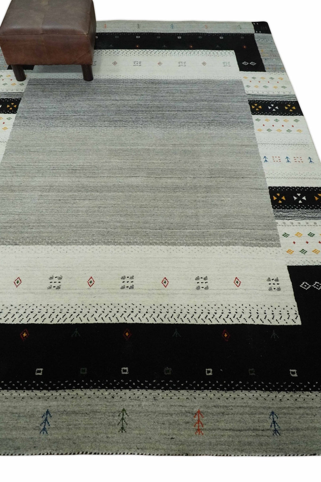 5x8 Ivory, Gray and Black Striped Wool Hand Woven Southwestern Gabbeh Rug| KNT18 - The Rug Decor