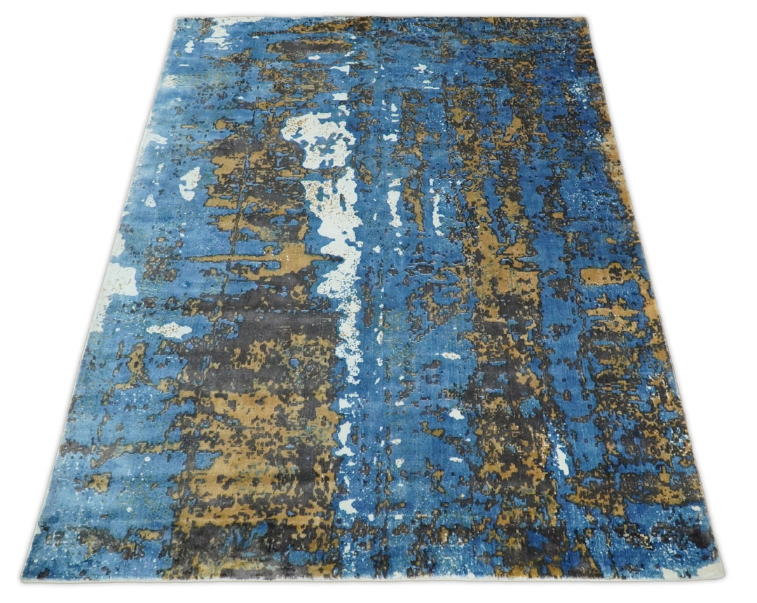 5x8 Modern Abstract Blue and Brown Rug made with Art Silk | QT3 - The Rug Decor