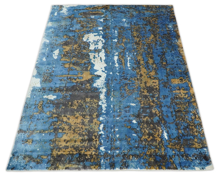 5x8 Modern Abstract Blue and Brown Rug made with Art Silk | QT3 - The Rug Decor
