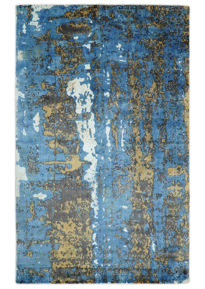 5x8 Modern Abstract Blue and Brown Rug made with Art Silk | QT3 - The Rug Decor