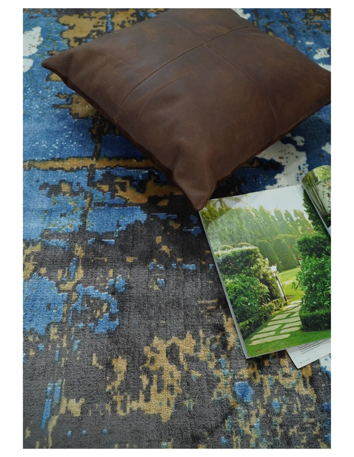 5x8 Modern Abstract Blue and Brown Rug made with Art Silk | QT3 - The Rug Decor
