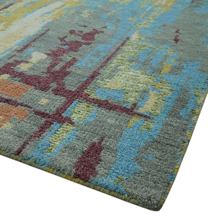 5x8 Olive, Dark Peach, Aqua and Maroon Modern Abstract Hand Knotted wool Area Rug - The Rug Decor