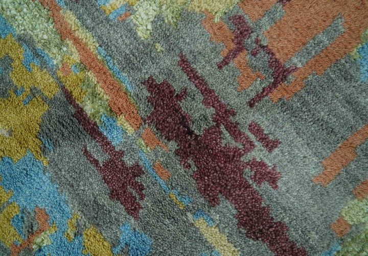 5x8 Olive, Dark Peach, Aqua and Maroon Modern Abstract Hand Knotted wool Area Rug - The Rug Decor