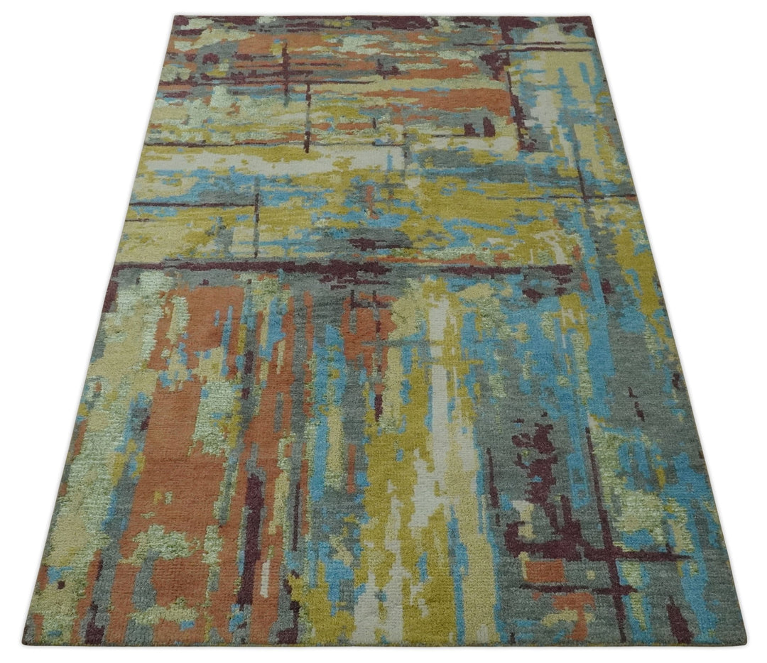 5x8 Olive, Dark Peach, Aqua and Maroon Modern Abstract Hand Knotted wool Area Rug - The Rug Decor