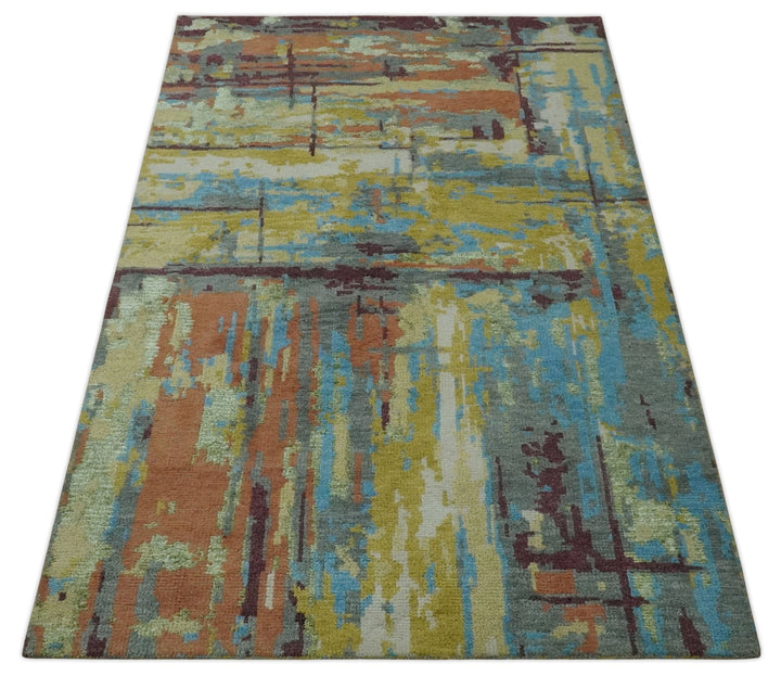 5x8 Olive, Dark Peach, Aqua and Maroon Modern Abstract Hand Knotted wool Area Rug - The Rug Decor