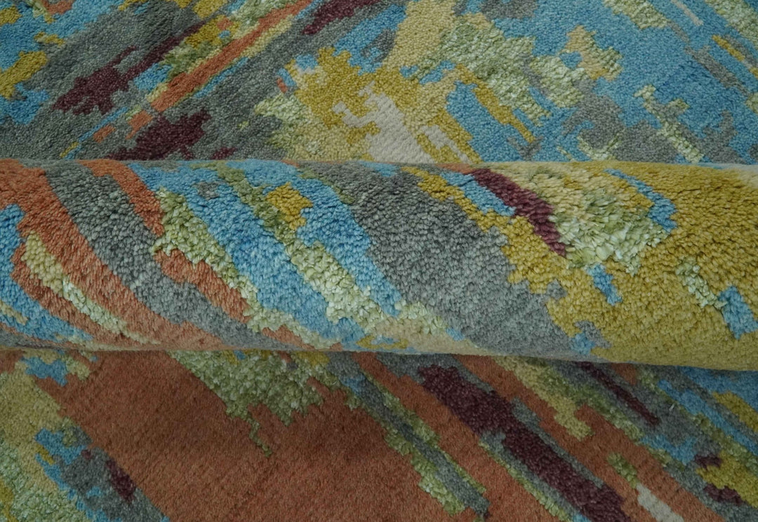 5x8 Olive, Dark Peach, Aqua and Maroon Modern Abstract Hand Knotted wool Area Rug - The Rug Decor