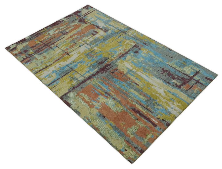 5x8 Olive, Dark Peach, Aqua and Maroon Modern Abstract Hand Knotted wool Area Rug - The Rug Decor