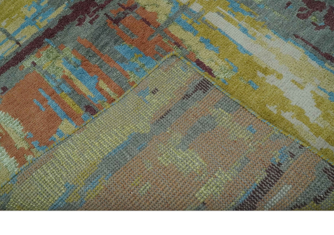 5x8 Olive, Dark Peach, Aqua and Maroon Modern Abstract Hand Knotted wool Area Rug - The Rug Decor