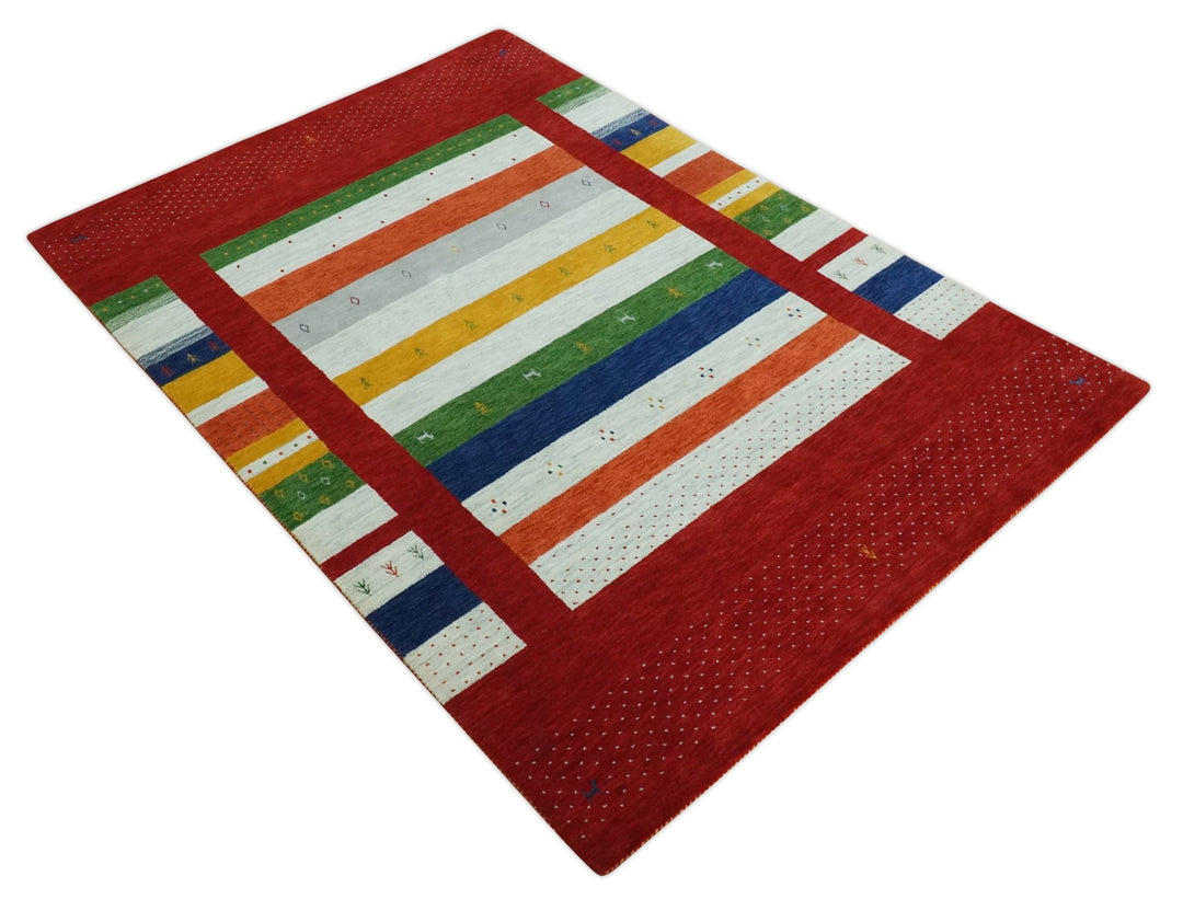 5x8 Rust and Multicolor Striped Wool Hand Woven Southwestern Lori Gabbeh Rug | KNT33 - The Rug Decor