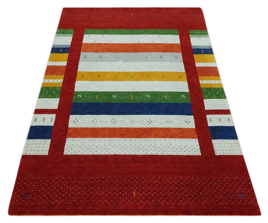 5x8 Rust and Multicolor Striped Wool Hand Woven Southwestern Lori Gabbeh Rug | KNT33 - The Rug Decor