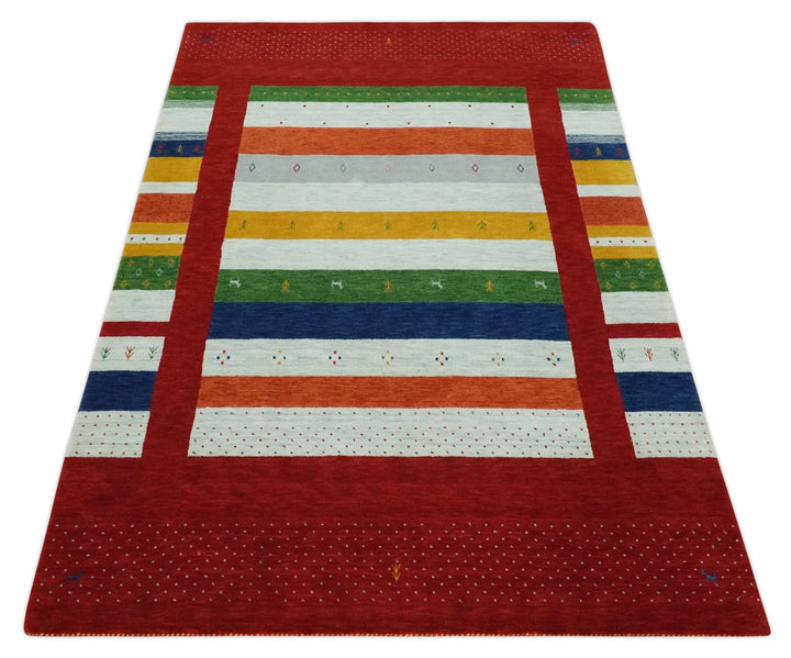5x8 Rust and Multicolor Striped Wool Hand Woven Southwestern Lori Gabbeh Rug | KNT33 - The Rug Decor
