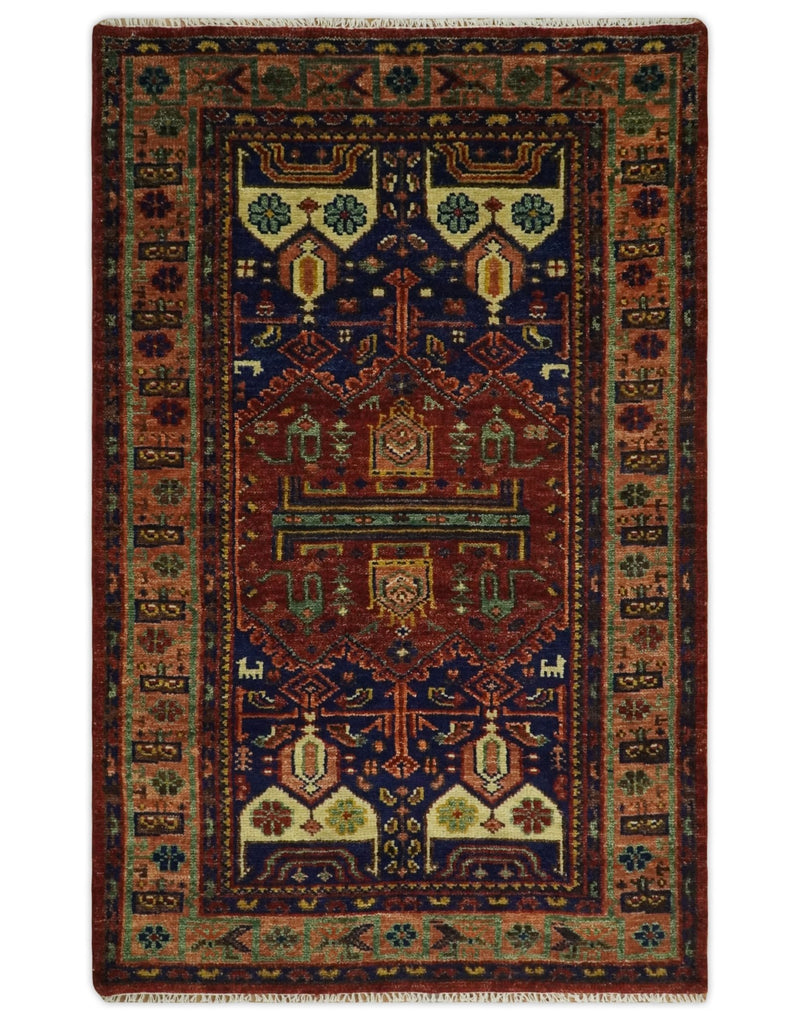 5x8 Wool Traditional Antique Vintage Persian Red and Blue Hand knotted Area Rug | TRDCP19458 - The Rug Decor