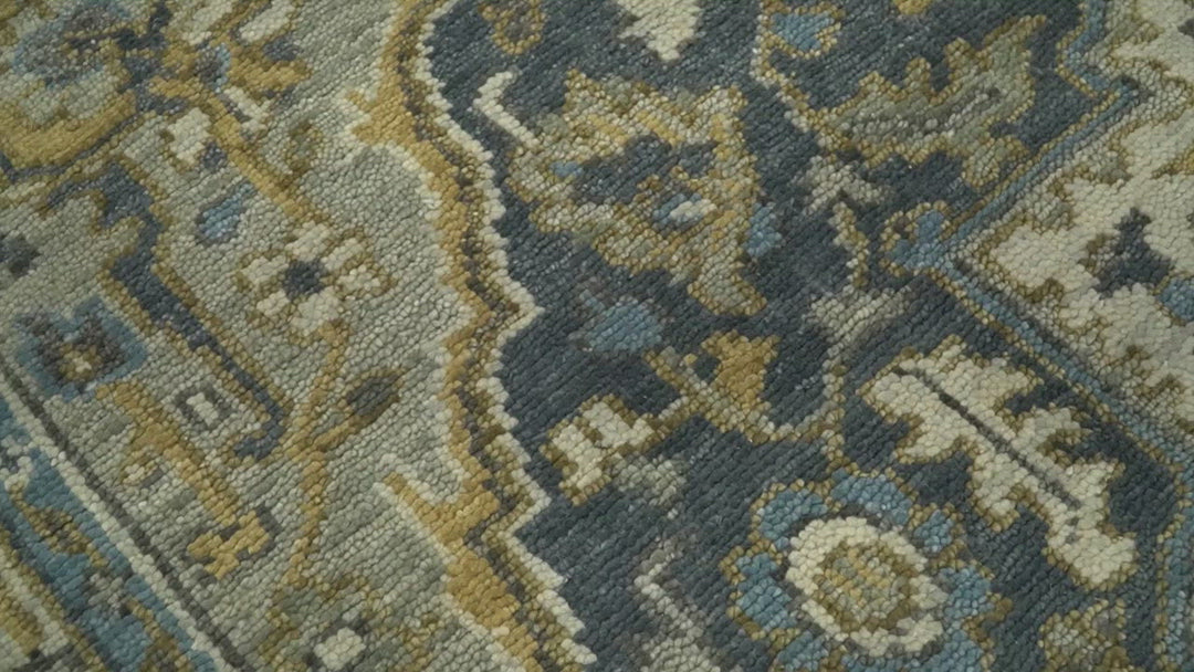 Antique Muted Traditional Heriz Serapi Medallion Blue ,Beige and Brown Hand knotted Custom made wool Area Rug