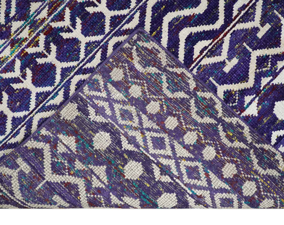 4x6 and 8x10 Hand Knotted Blue and White Modern Contemporary Southwestern Tribal Trellis Recycled Silk Area Rug | OP6