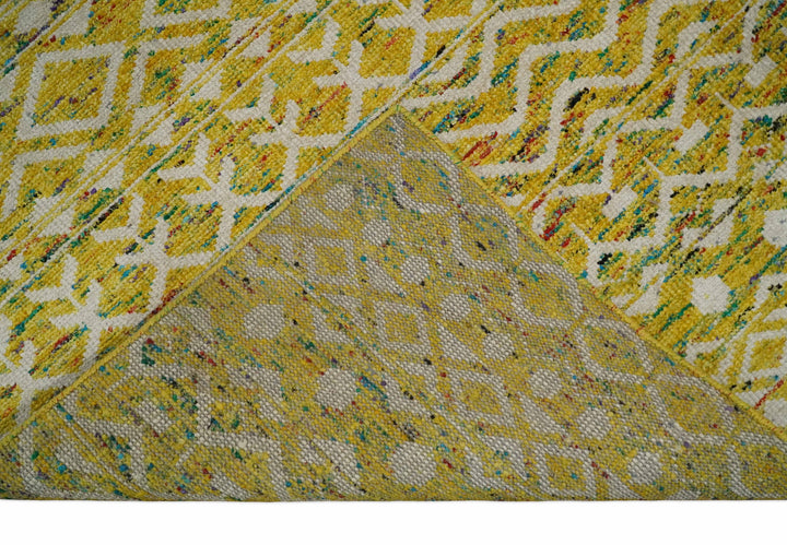 8.7x11.4 Hand Knotted Gold and White Ivory Contemporary Southwestern Tribal Trellis Recycled Silk Area Rug | OP4