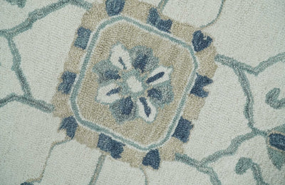 Modern Ivory, Camel and Blue Multi Size Hand Tufted  Floral Wool Area Rug