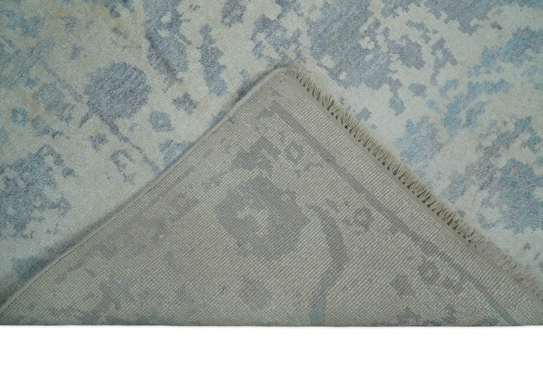 Large 8x10 Fine Hand Knotted charcoal, beige, and teal Abstract Traditional Persian Style Antique Bamboo Silk Rug | TRDCP501810