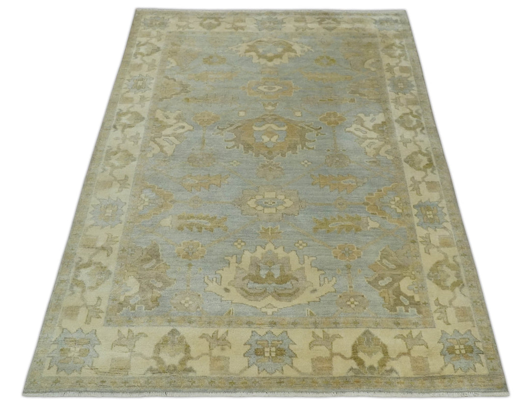 6x8 Hand Knotted Silver and Beige Antique Style Traditional Oushak Wool Rug - The Rug Decor