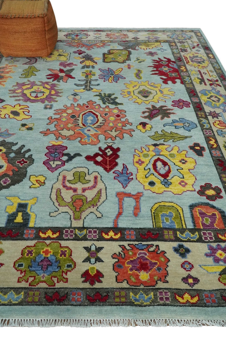 6x9, 8x10, 9x12, 10x14 and 12x15 Wool Traditional Persian Blue and Ivory Colorful Hand knotted Oushak Area Rug | TRDCP1058 - The Rug Decor