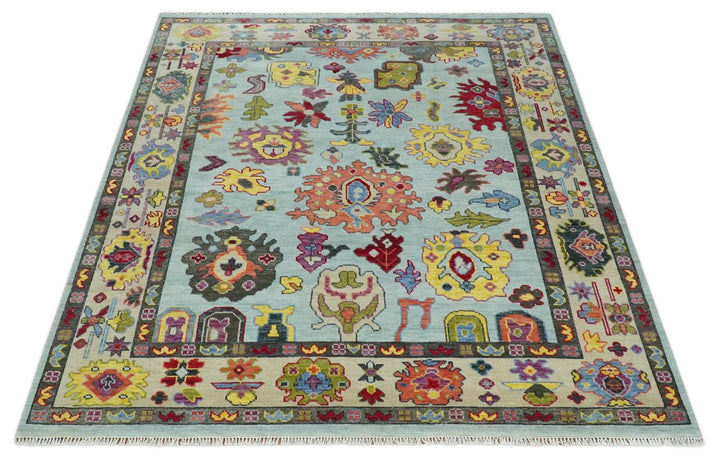 6x9, 8x10, 9x12, 10x14 and 12x15 Wool Traditional Persian Blue and Ivory Colorful Hand knotted Oushak Area Rug | TRDCP1058 - The Rug Decor