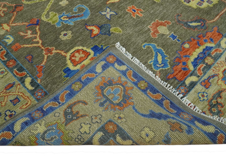 6x9, 8x10, 9x12, 10x14 and 12x15 Wool Traditional Persian Olive and Blue Vibrant Colorful Hand knotted Oushak Area Rug | TRDCP1079 - The Rug Decor