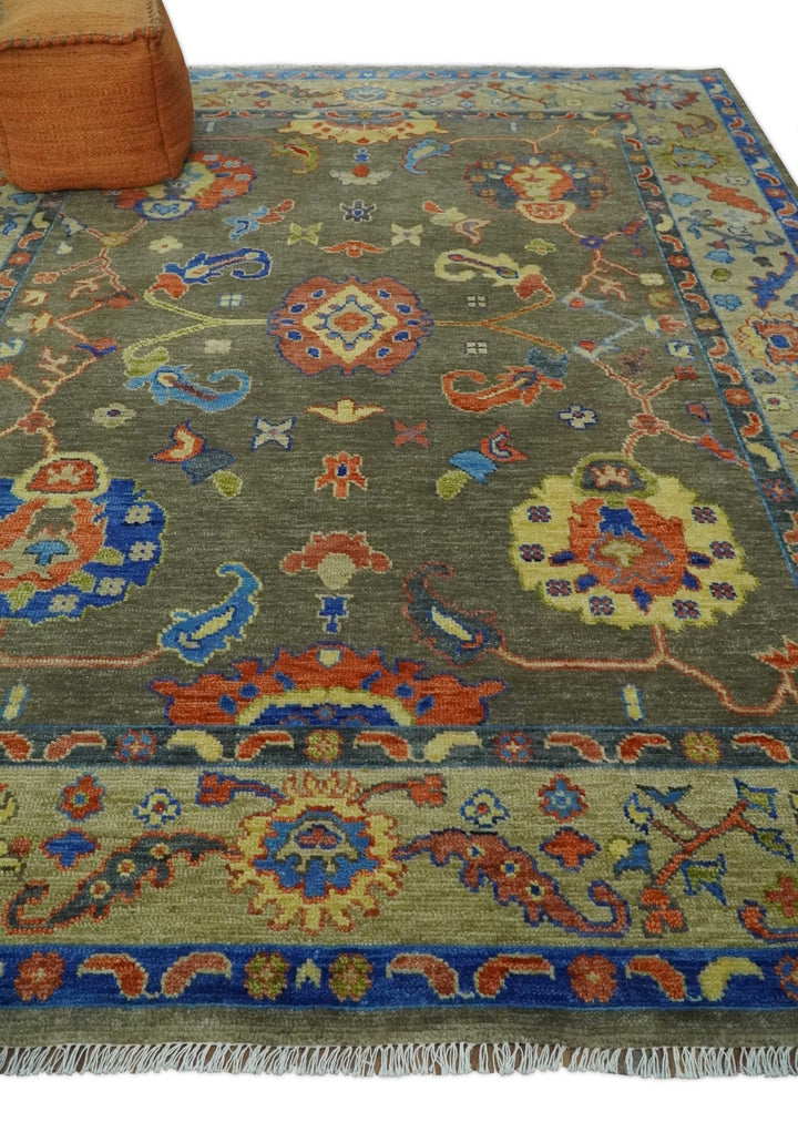 6x9, 8x10, 9x12, 10x14 and 12x15 Wool Traditional Persian Olive and Blue Vibrant Colorful Hand knotted Oushak Area Rug | TRDCP1079 - The Rug Decor