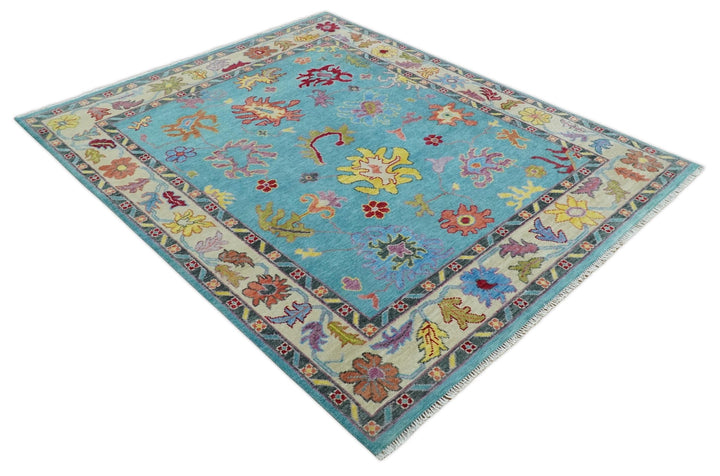 6x9, 8x10, 9x12, 10x14 and 12x15 Wool Traditional Persian Teal and Ivory Vibrant Colorful Hand knotted Oushak Area Rug | TRDCP1069 - The Rug Decor